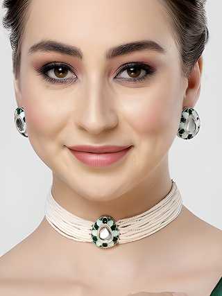 Karatcart Green and Light Green Meena Drop Shape White Moti Choker Necklace Set for Women