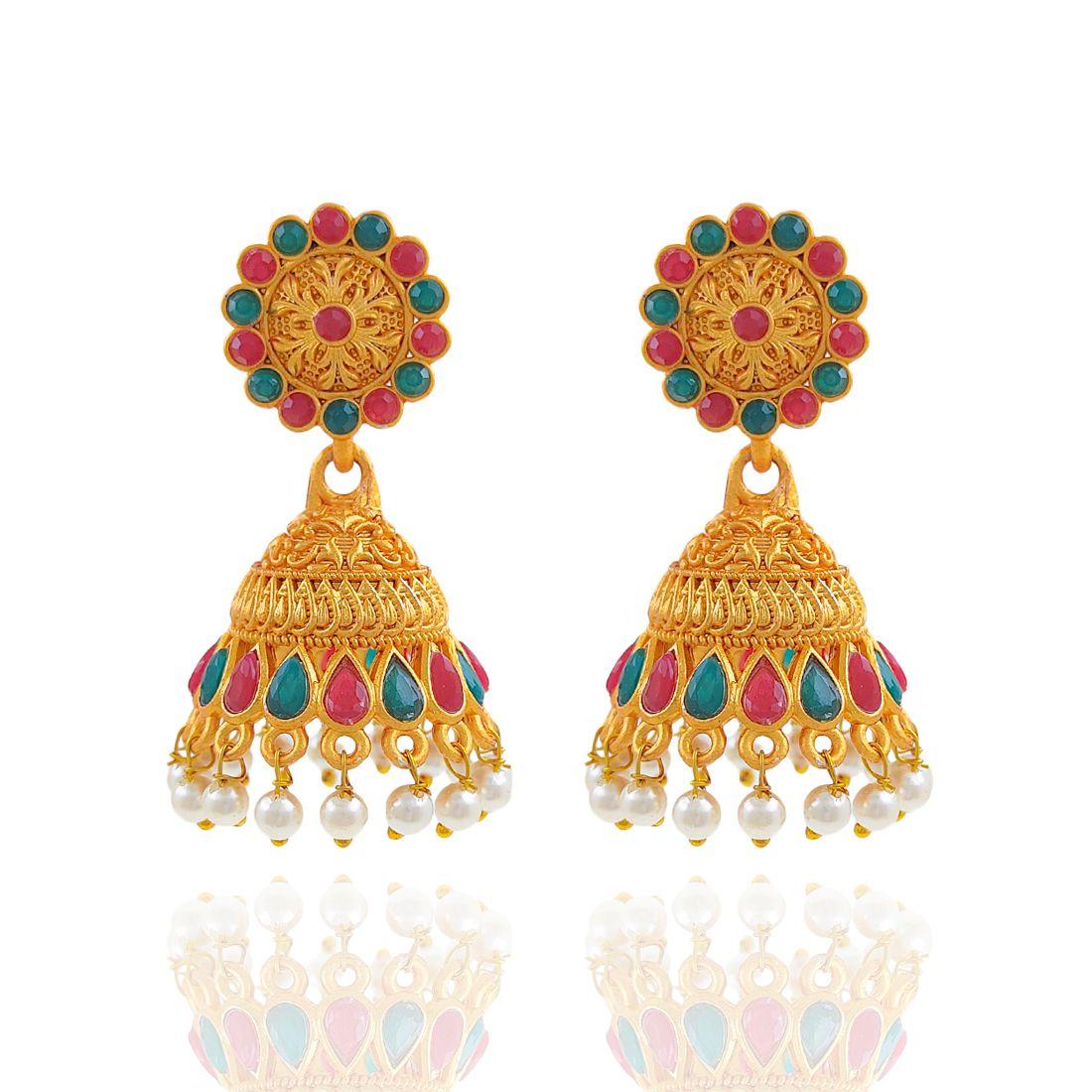 Trendy Gold Plated Kundan & Stone Jhumka Earring