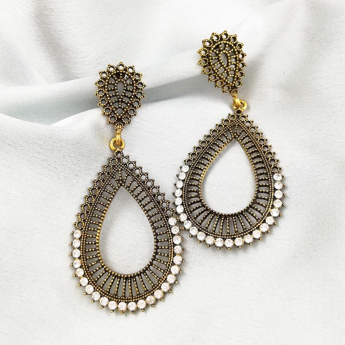 Ethnic Gold Plated Oxidized Stone Earrings