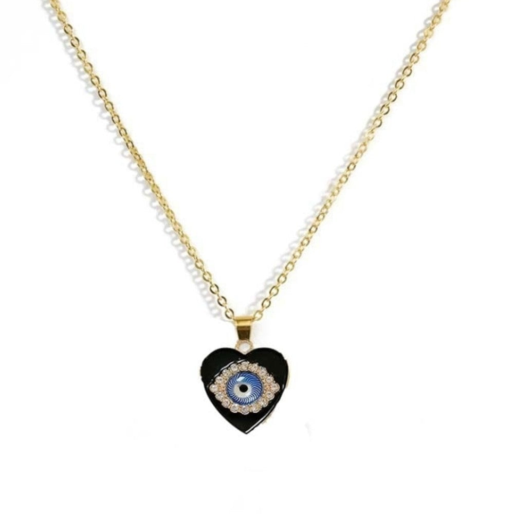 Black Heart Evil Eye Pendant Gold Chain Necklace for Girls & Women