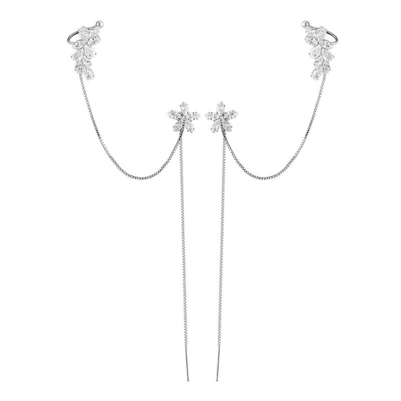 AVR JEWELS Korean Silver-plated Floral Stone Studded Ear Cuff With Long Chain Threader Earrings For Women And Girls 2Pcs/Set