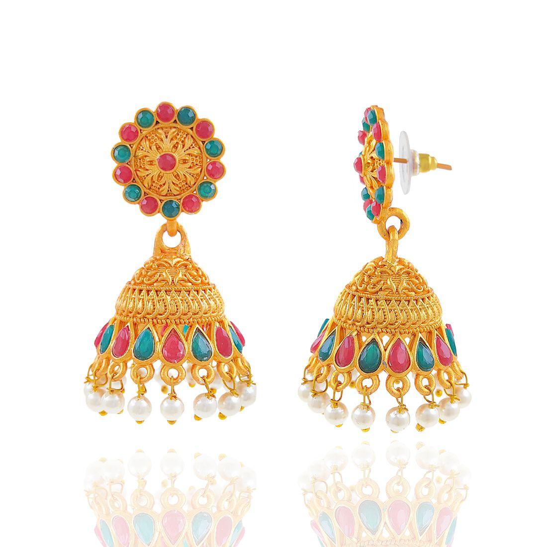 Trendy Gold Plated Kundan & Stone Jhumka Earring