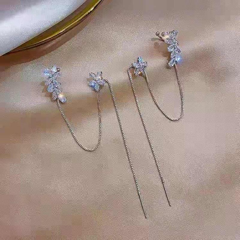 AVR JEWELS Korean Silver-plated Floral Stone Studded Ear Cuff With Long Chain Threader Earrings For Women And Girls 2Pcs/Set