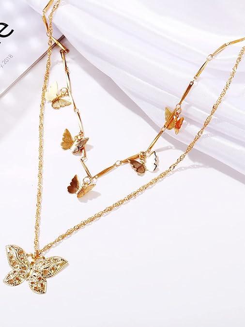 Lovely Gold Plated Double Layered Butterfly Pendant Necklace