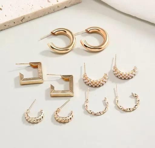 Avira Combo of 5 Pair Geometric Twisted Chain Pearl Hoop Earrings