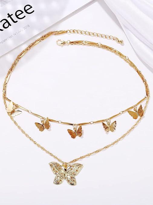 Lovely Gold Plated Double Layered Butterfly Pendant Necklace