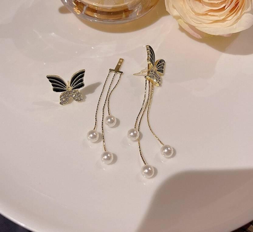 Luxury Black Butterfly Earrings Light Weight Long Pearl Drop Korean Earrings Silver Needle Earring For Girls & Woman