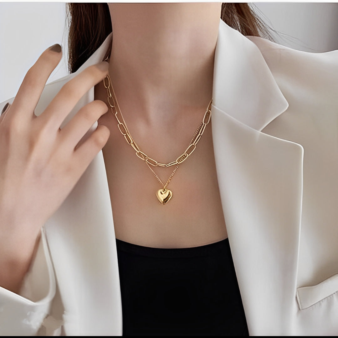 Two Layered Gold Plated Heart Shape Necklace Chain for Girls & Women