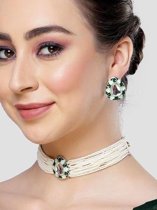 Karatcart Green and Light Green Meena Drop Shape White Moti Choker Necklace Set for Women