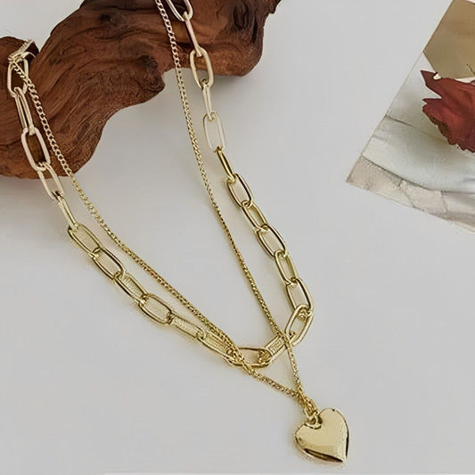 Two Layered Gold Plated Heart Shape Necklace Chain for Girls & Women