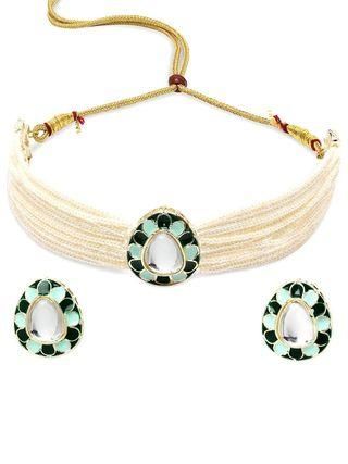 Karatcart Green and Light Green Meena Drop Shape White Moti Choker Necklace Set for Women