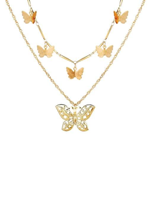 Lovely Gold Plated Double Layered Butterfly Pendant Necklace