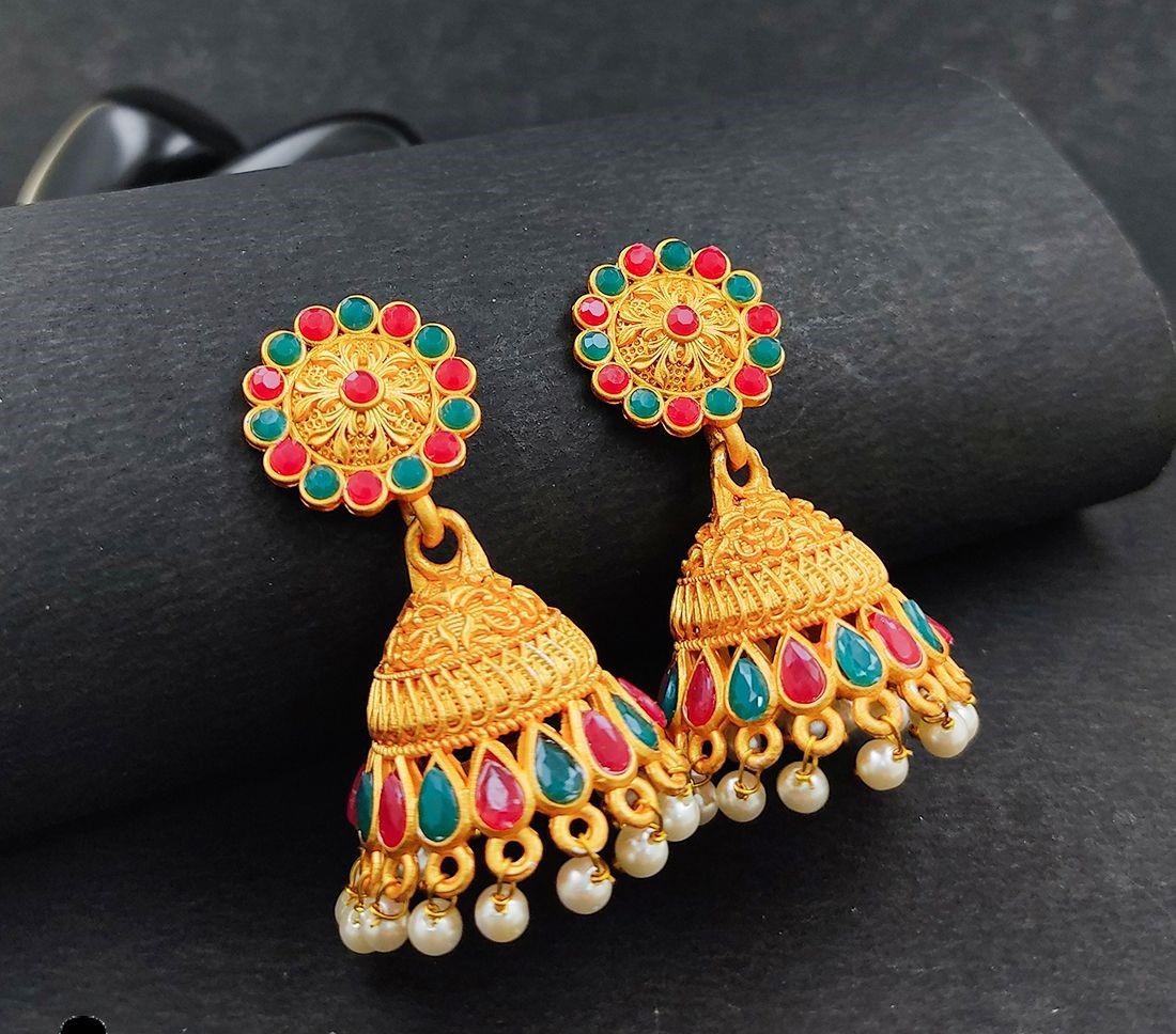 Trendy Gold Plated Kundan & Stone Jhumka Earring