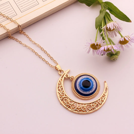 Gold Evil Eye Crescent Moon Pendant Necklace