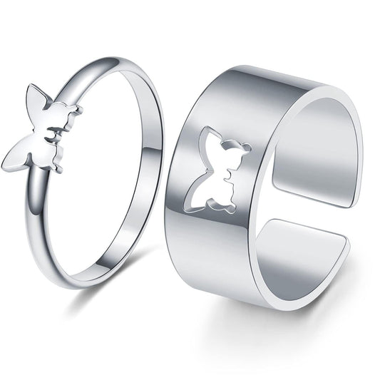 Pretty Silver Butterfly Matching Wrap Finger Couple Ring