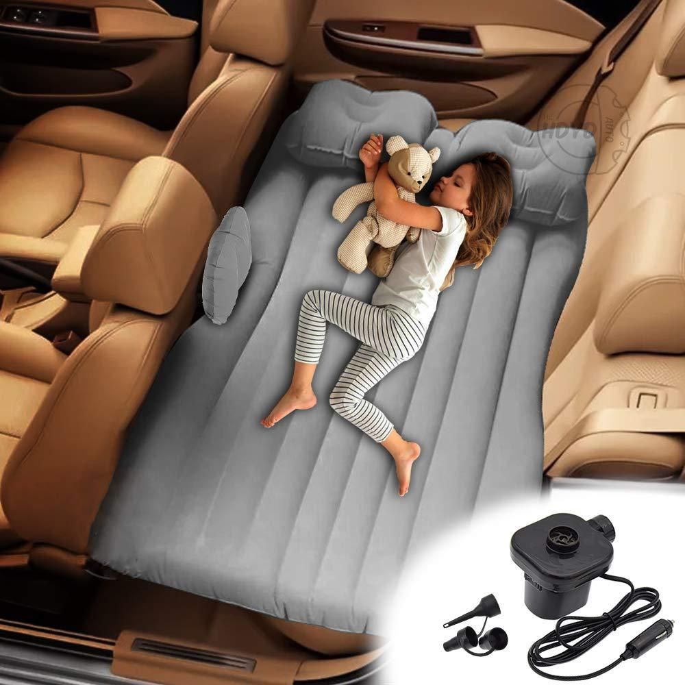 Car Travel Inflatable Car Bed Mattress with 2 Air Pillows, Car Pump and Repair Kit (Grey)