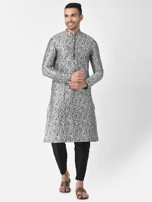 AHBABI Men's Printed Dupion Silk Kurta Pyjama Set Silver-Black